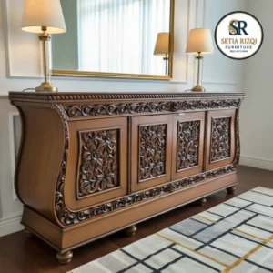 Bufet Jati Klasik Jeapara ini sejatinya memiliki gaya klasik. Saat ini selain model model furniture minimalis modern, banyak sekali konsumen kami yang tertarik dengan model furniture klasik seperti bufet ini